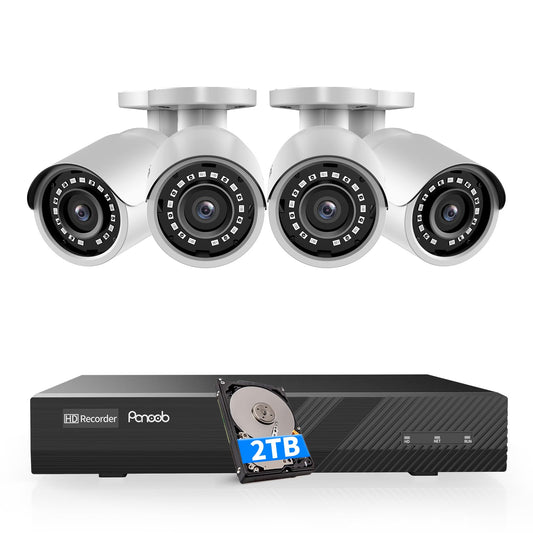 PANOOB 4 Camera Security System, 4pcs 5MP Wired Home Bullet IP PoE Cameras Outdoor with Mic/Audio, AI Human Detection, 100ft IR Night Vision, 4K 8