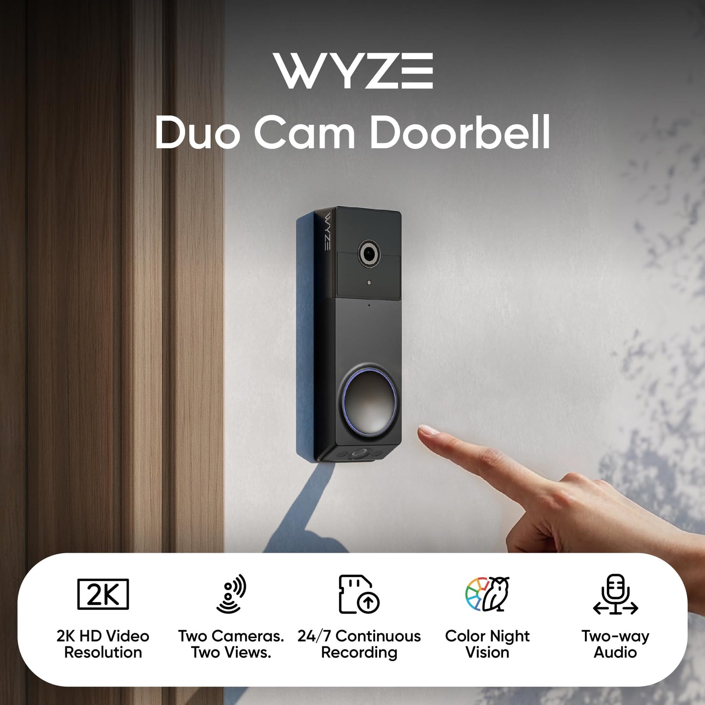 WYZE Wireless Duo Cam Video Doorbell (Chime Included), Battery Powered, 2K Full HD Video, 2 Cameras (People and Package), 2-Way Audio, Color Night