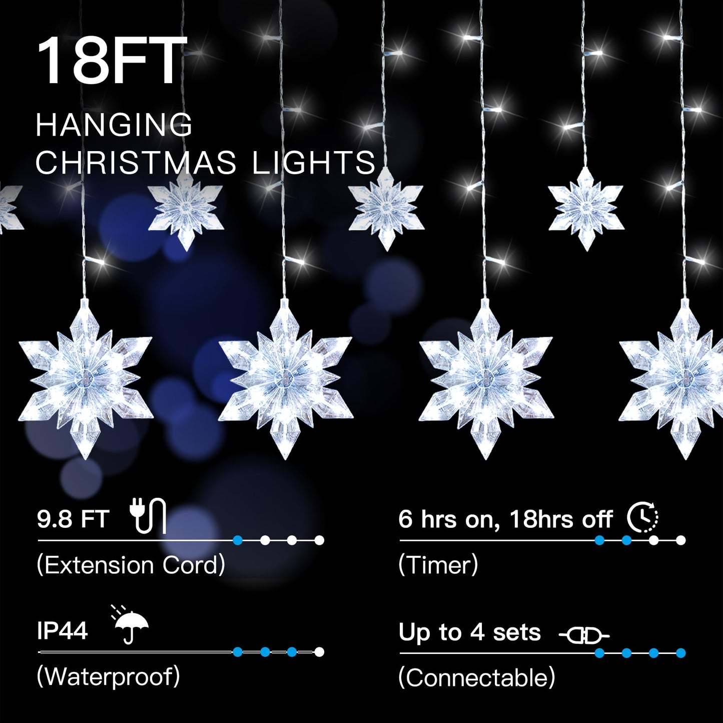 Pellimo Snowflake Christmas Lights Outdoor, 8.2ft 144 LED Connectable Xmas String Light Plug in, Hanging Icicle Lights for House, Eaves, Outside