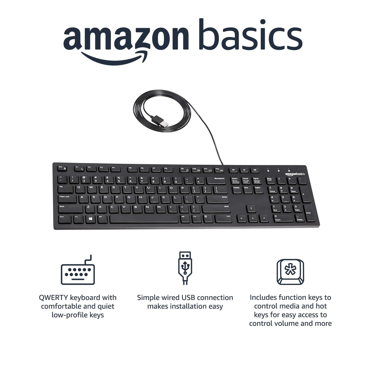 Amazon Basics Wired QWERTY Keyboard, Works with Windows, Plug and Play, Easy to Use with Media Control, Full-Sized, Black