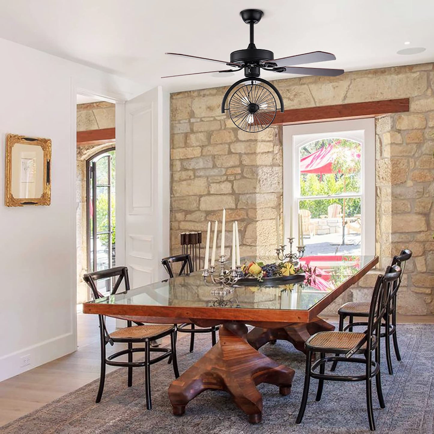 US DELIVER Crystal Ceiling Fan Industrial Chandelier with 3-Lights- 5 Reversible Wood blade for Living Room（ 52 Inch）