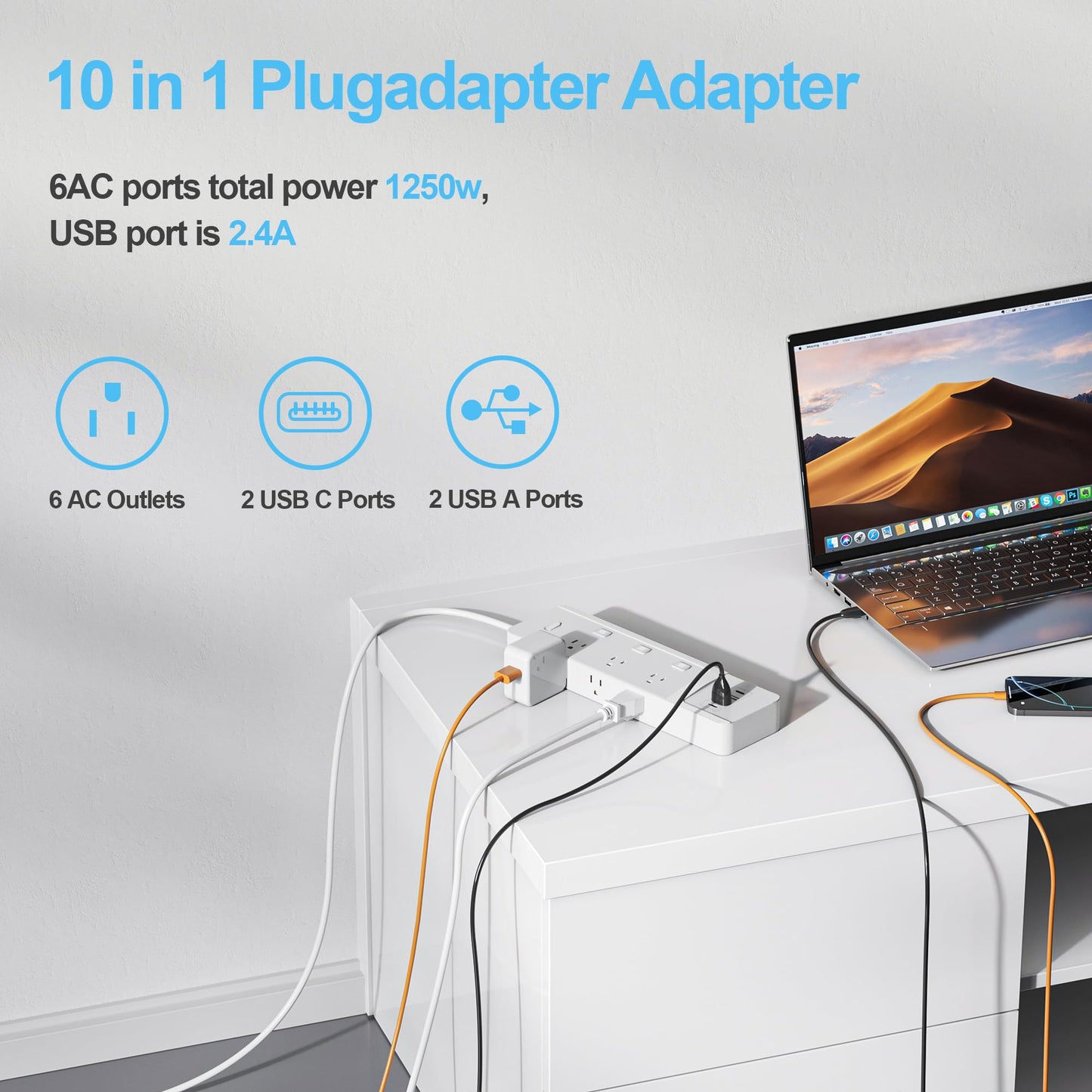 Extension Cord 6 ft Power Strip with 6 Widely AC Outlets 4 USB(2 USBC), Flat Plug Extension Cord with Multiple Outlets, Individual Switches, Desk