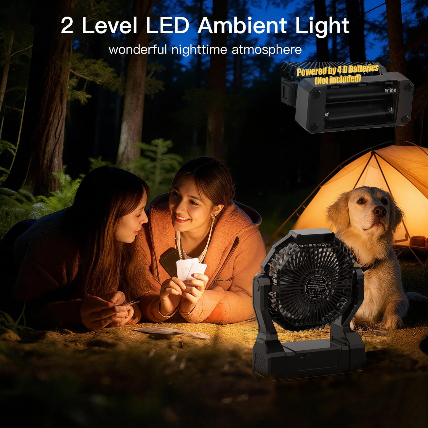 Battery Operated Fan, 2-in-1 D-Cell Battery & USB Powered Portable Fan with 4 Speeds, 3 Timers & 2 Light Modes, Super Long Lasting Camping Fan