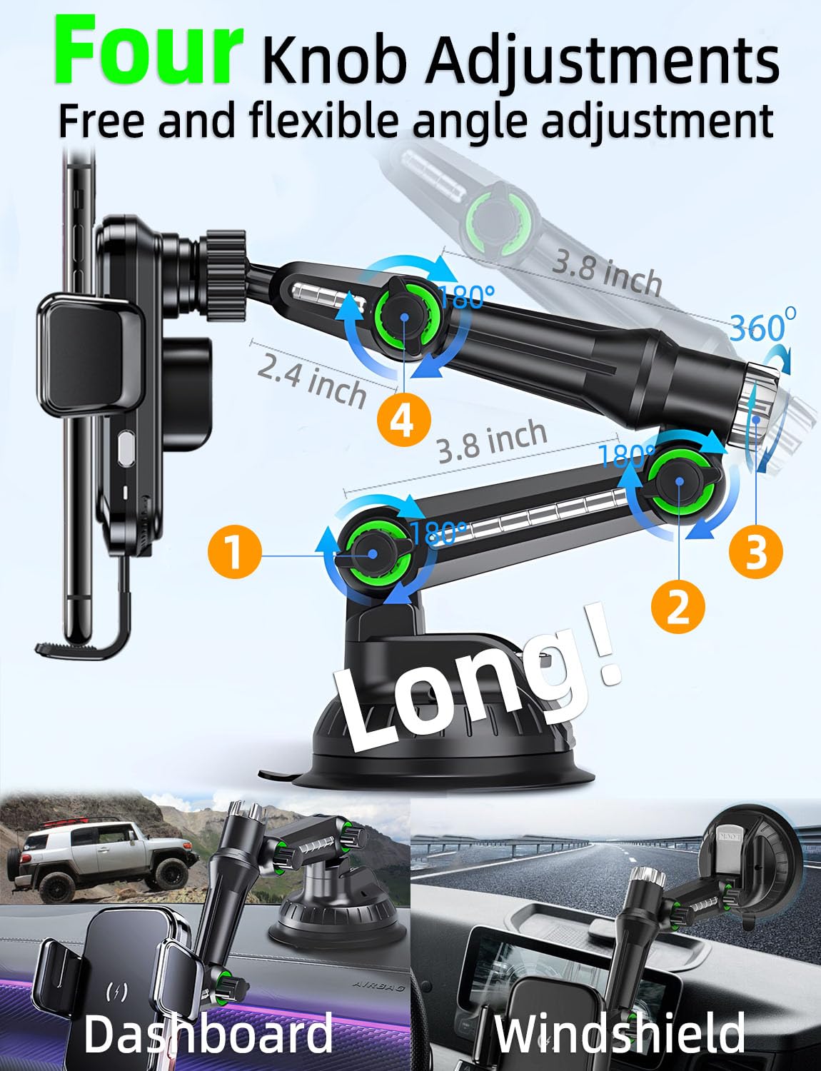 WCKESI Wireless car Charger Phone Mount Holder for Trucks and Large SUVs, 10-Inch Long Arm 15W Qi2 Fast Charging Heavy Duty Truck Vacuum Phone Holders