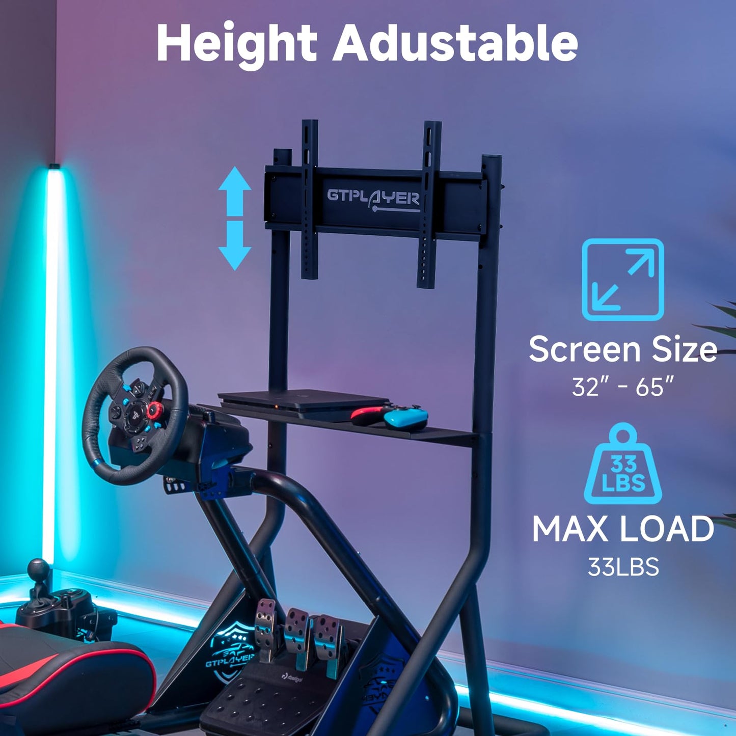 GTPLAYER Monitor Stand Mobile TV Stand with Adjustable Height for 32-65 Inch Display TV Mount Fit for Racing Wheel Stand, Racing Simulator Cockpit