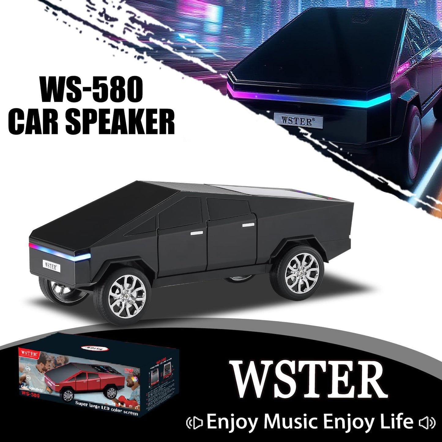 WS-580 Pickup Truck Replica Portable Bluetooth Speaker,with Display Screen,HD Sound, TWS Pairing, FM Radio,Built-in Microphone Hands-Free Calling, LED
