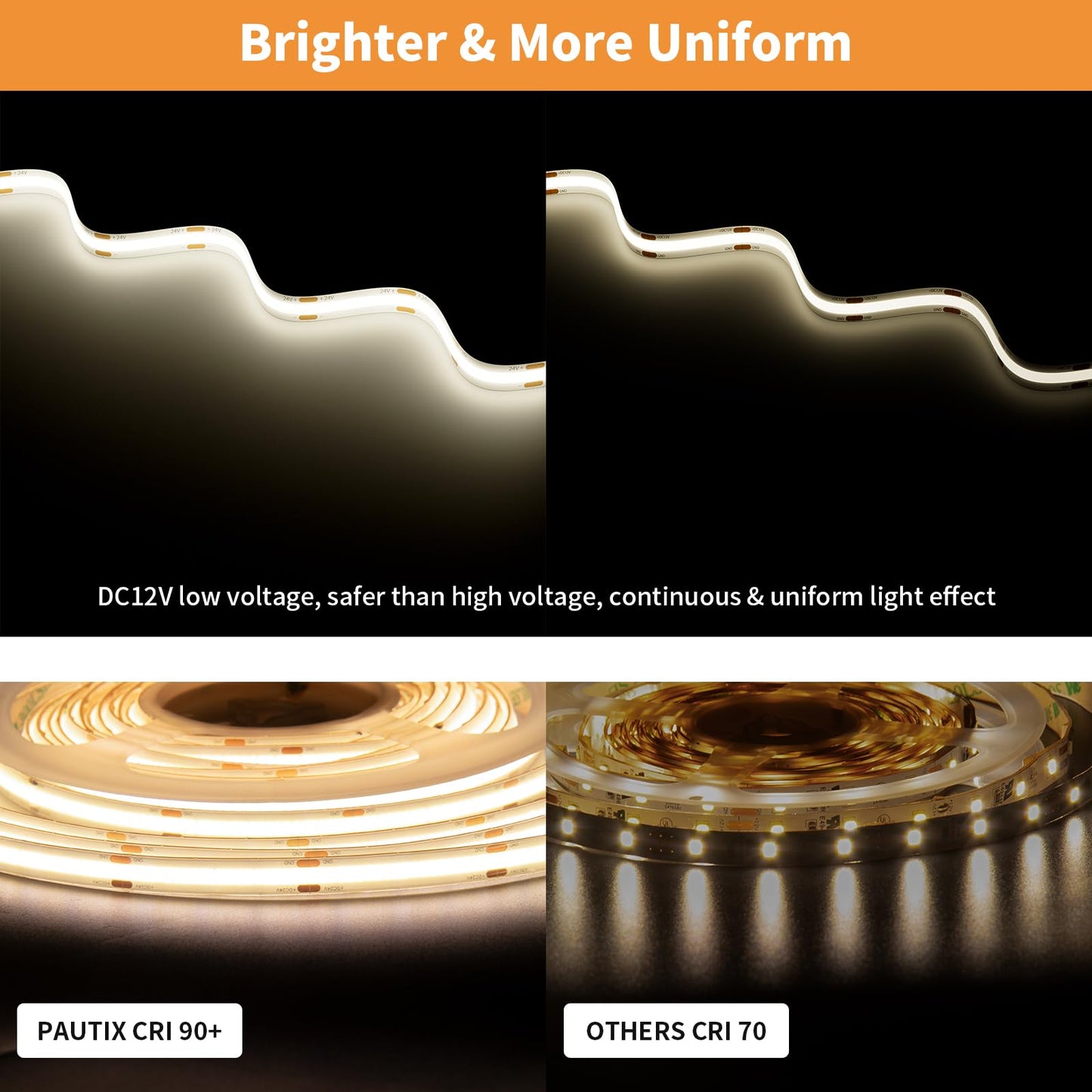 PAUTIX COB LED Strip Natural White 4000K IP65 DC12V,18Ft/5.5M 2772LEDs CRI90+ Flexible LED Tape Lights for Cabinet Engineering Home DIY Lighting