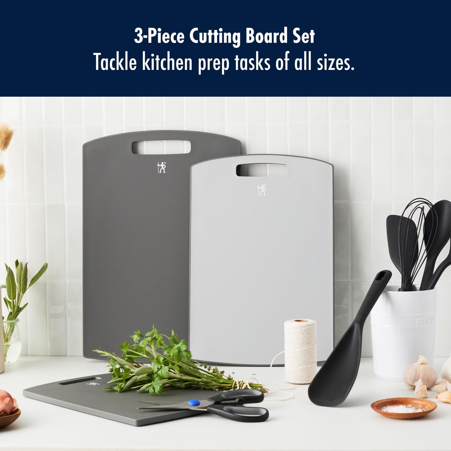 HENCKELS Cutting Board Set, 3-Piece Plastic Kitchen Chopping Boards with Gray Trim, Non-Slip Silicone Feet, BPA-Free, Dishwasher Safe