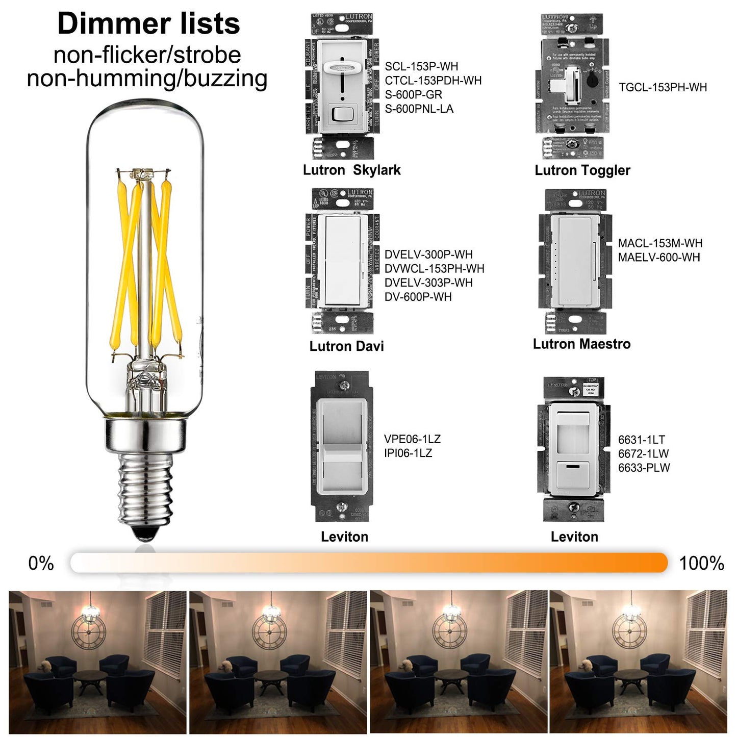 LiteHistory T6 Candelabra Light Bulbs 40 watt,Dimmable,Daylight 5000K,Clear