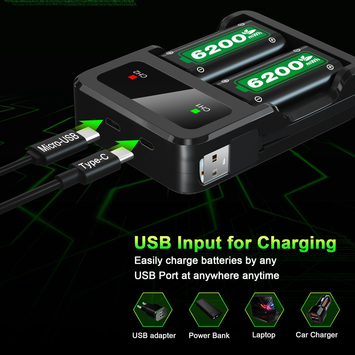 Ponkor Rechargeable Battery Packs for Series X|S/Xbox One, 2 x 6200 mWh Batteries with Charger for Xbox One S/X/Elite Controller Battery Pack Xbox