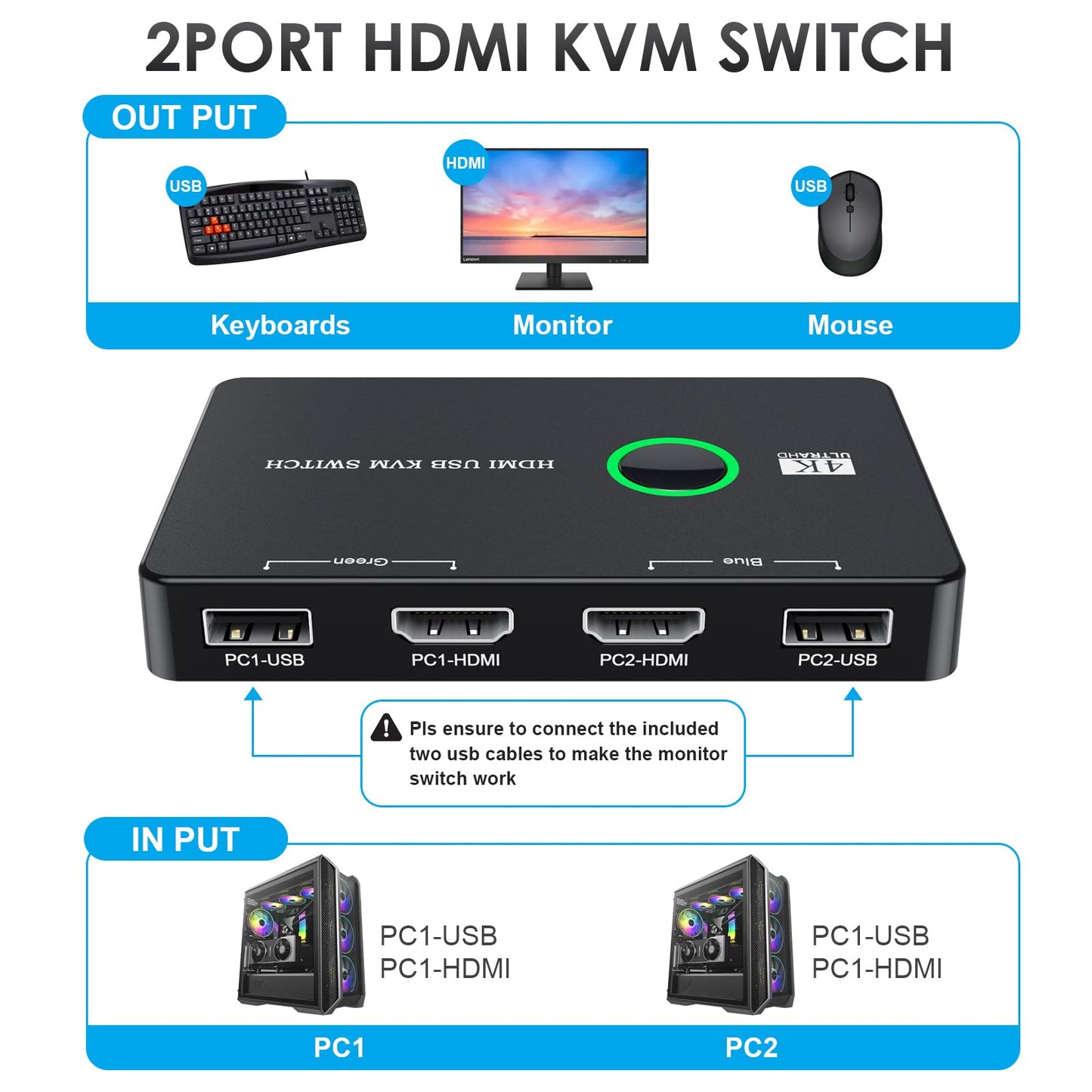 KVM Switch, USB and HDMI KVM Switches for 2 Computers Sharing Mouse Keyboard Printer to One HD Monitor, Supports 4K@60 Hz, 2 HDMI Cables and 2 USB