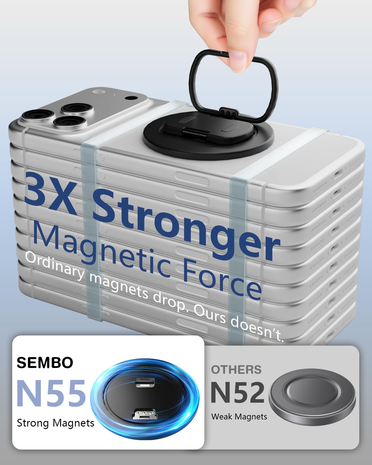 SEMBO Magnetic Phone Ring Holder with Kickstand for MagSafe, Two-Sided Magnet, 360° Rotation Comfortable Flip Out Silicone Plate Finger Grip Gym