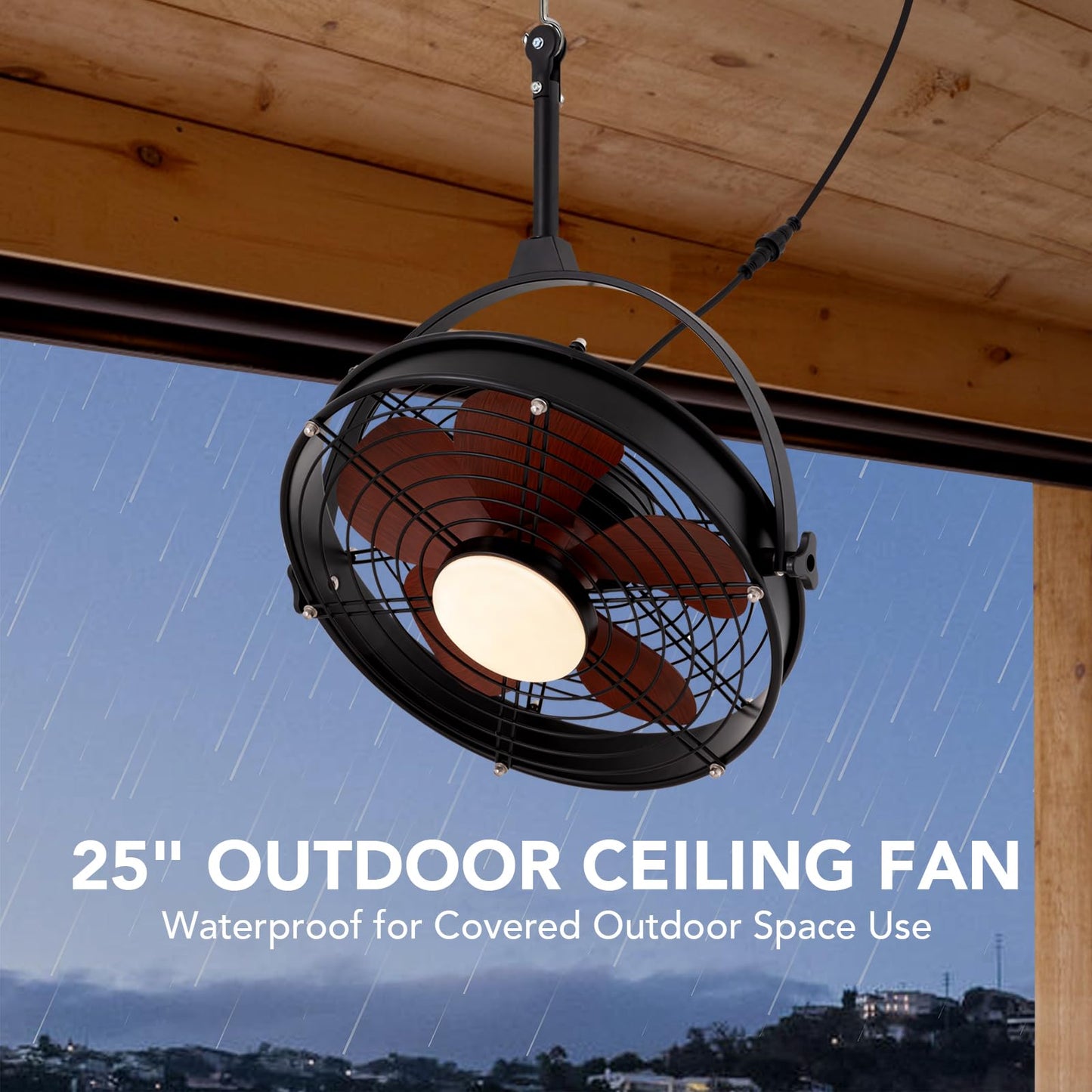 SPACORA 25 Inch Outdoor Ceiling Fan with Lights and Remote, Waterproof Gazebo Hanging Fan with 3CCT Dimmable, Black Plug in Caged Ceiling Fan
