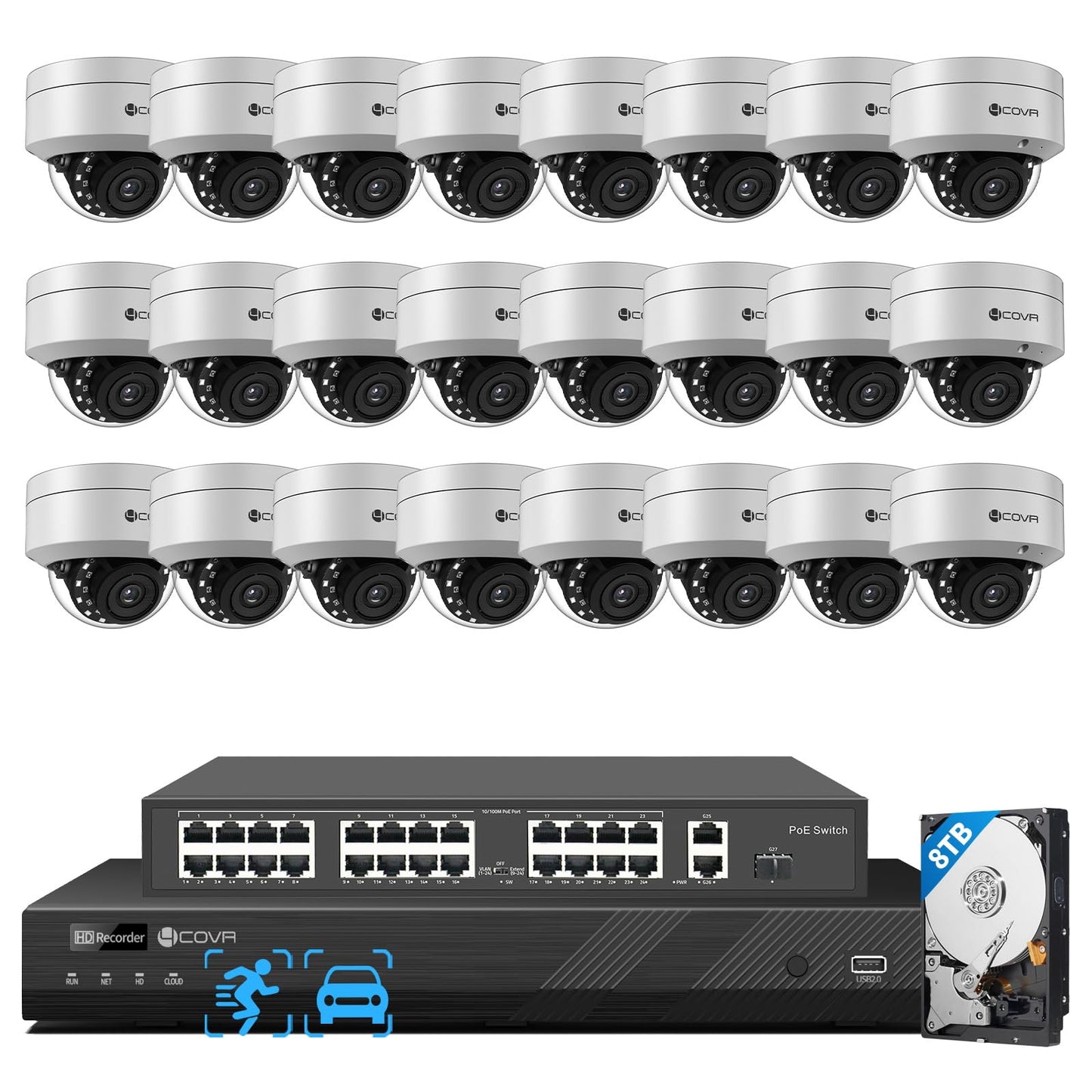 4COVR 4K 32 Channel Security Camera System PoE with Mic, 24X 8MP IK10 Vandal-Proof Dome IP Camera IP67, AI Person Vehicle Detection, 4K UHD NVR 8TB
