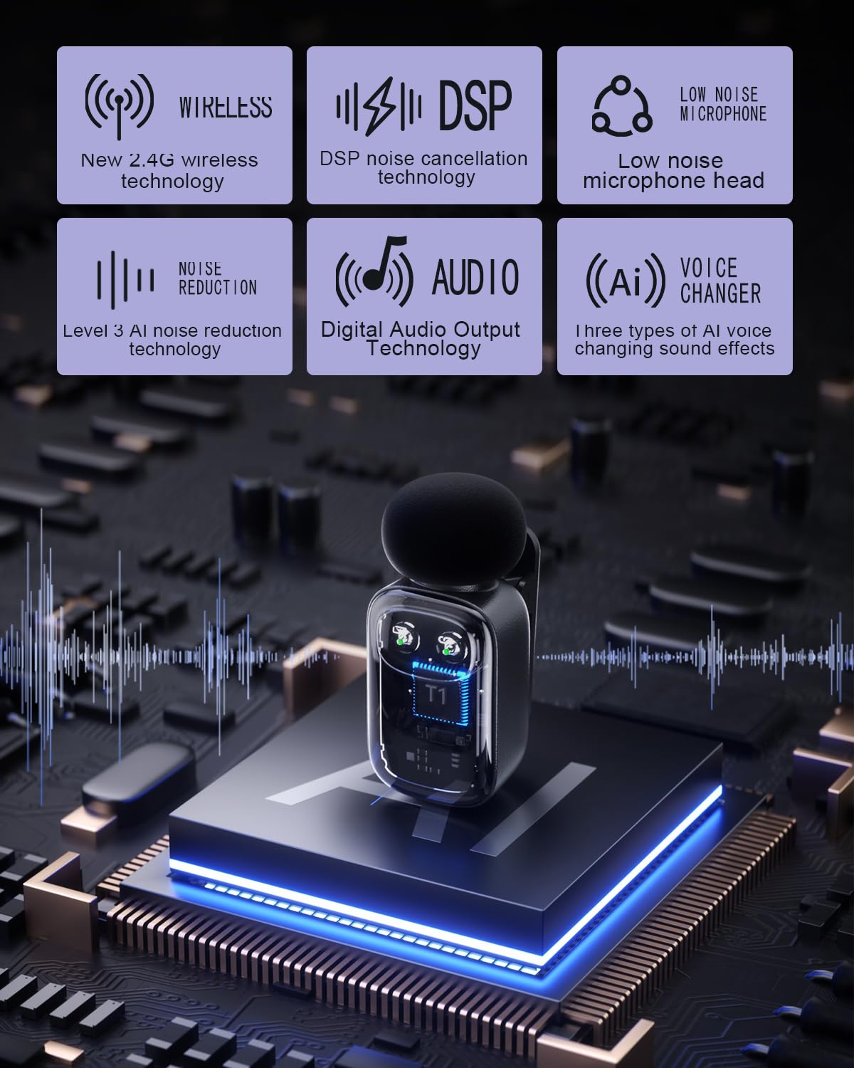 METTOMUS T1 mini Wireless Lavalier Microphone for iPhone/Android/iPad, 3-Level Noise Reduction, 30H Battery Life, AI Voice Changer, Lapel Microphone
