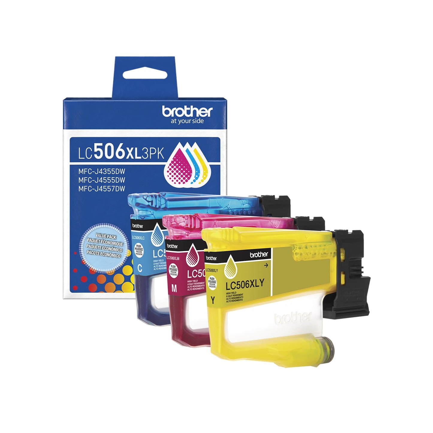 Brother Genuine LC506XL3PK 3-Pack High Yield Cyan, Magenta, and Yellow Ink Cartridges (for use with INKvestment 4355, 4555, and 4557 Printers)