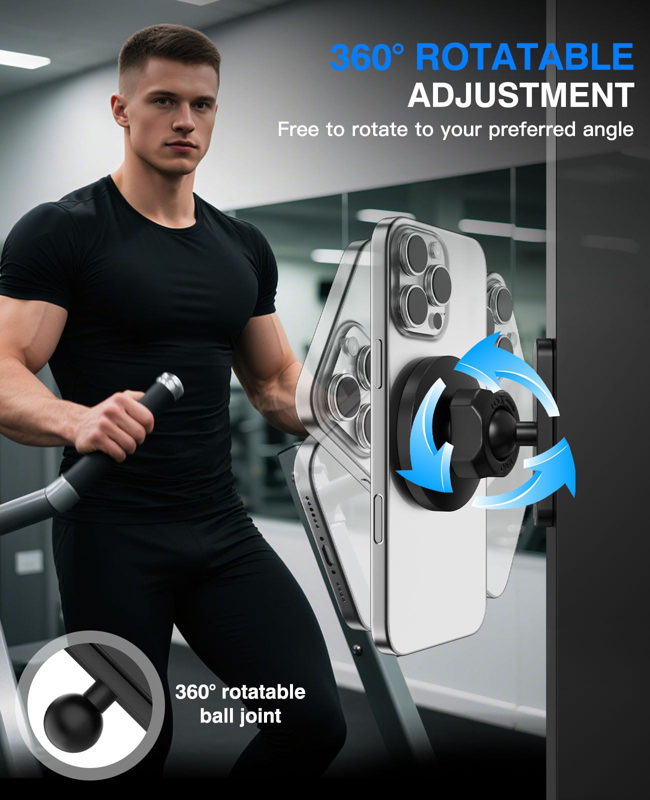 MoKo Dual Magnetic Phone Holder for Gym, 360°Adjustable Gym Phone Holder Magnet Compatible with MagSafe & iPhone 12-17 Series, Portable Phone Mount