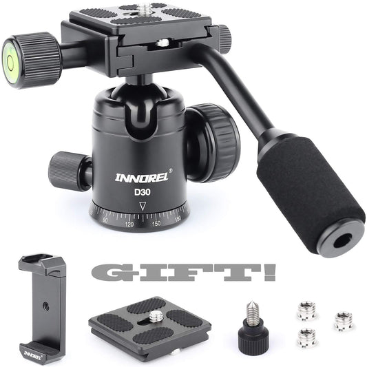 D30 Panoramic Ball Head with Handle All Metal CNC Ballhead Camera Mount INNOREL Tripod Heads with Two Quick Release Plates and Phone Clip for Monopod