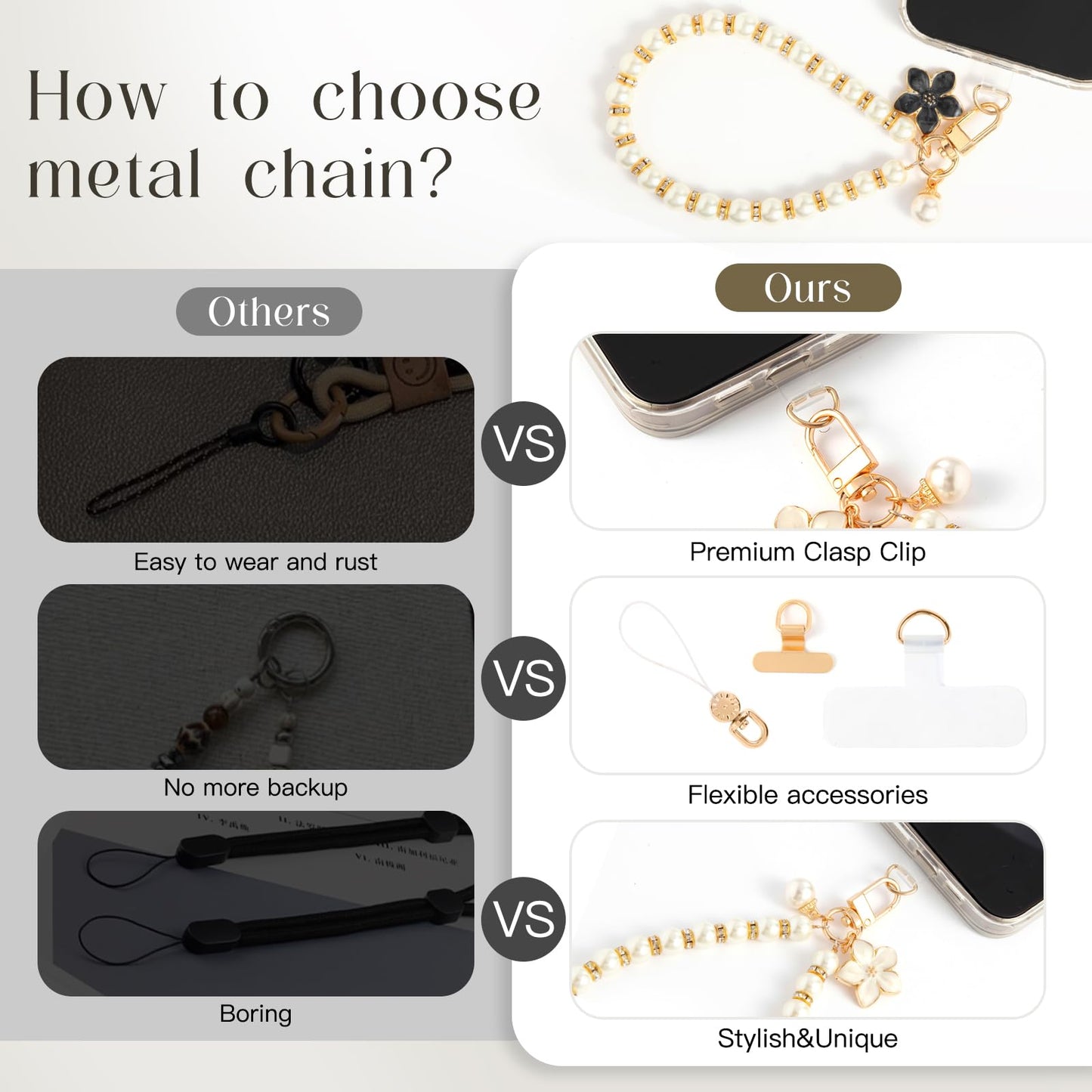 Fancy Beaded Cell Phone Wrist Strap, Hands-Free Cute Wristlet Chain Bracelet, Detachable Lanyard for iPhone, Samsung and Most Smartphones - Anti-Lost
