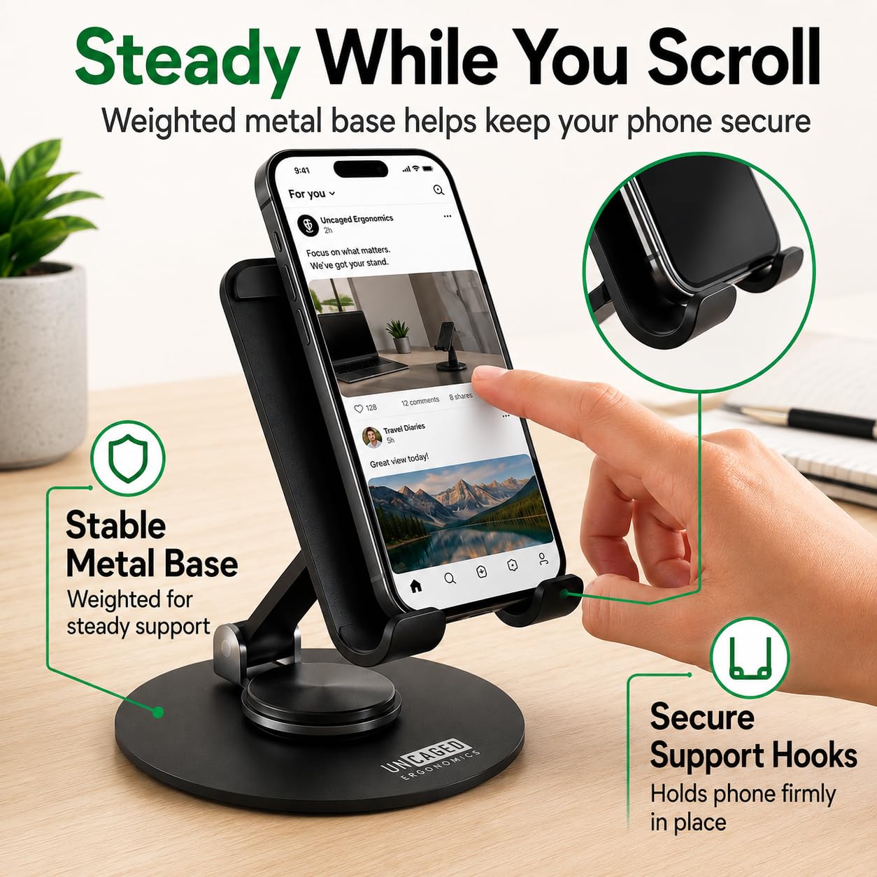 Uncaged Ergonomics 360° Swivel Rotating Adjustable Phone Stand for Desk, Portable & Foldable Cell Phone Stand for Desk, Compact Mobile Stand