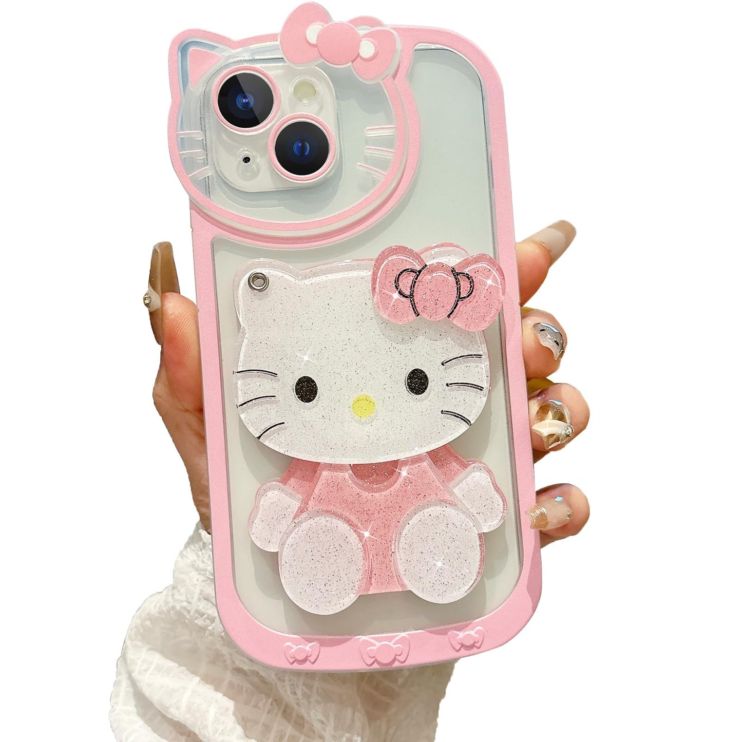 Steuscey for iPhone 14 Cute Cartoon Case, 3D Bow Funny Kawaii Cartoon Cat Case with Mini Makeup Mirror for Girls Women Soft Silicone Clear Shockproof