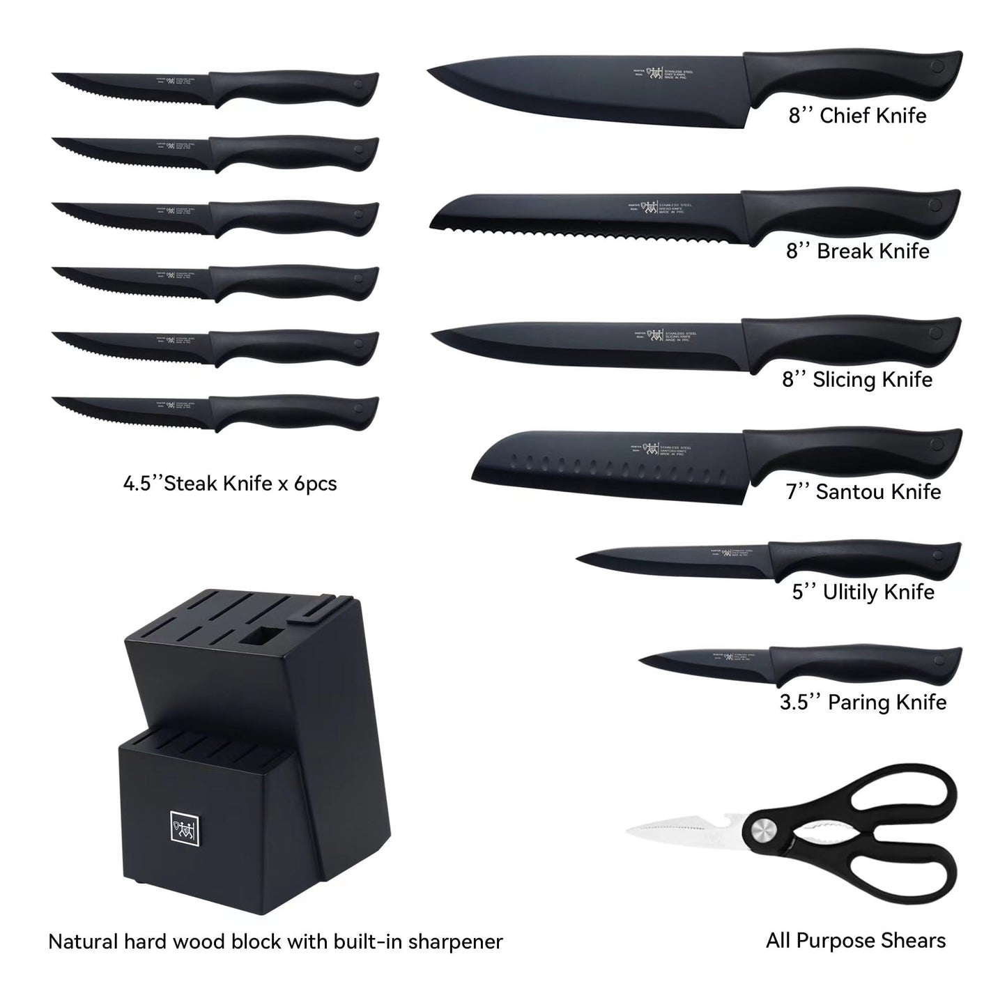 HUNTER.DUAL 15-Piece Kitchen Knife Set with Self-Sharpening Block – Dishwasher Safe, Anti-Slip Handles, Black