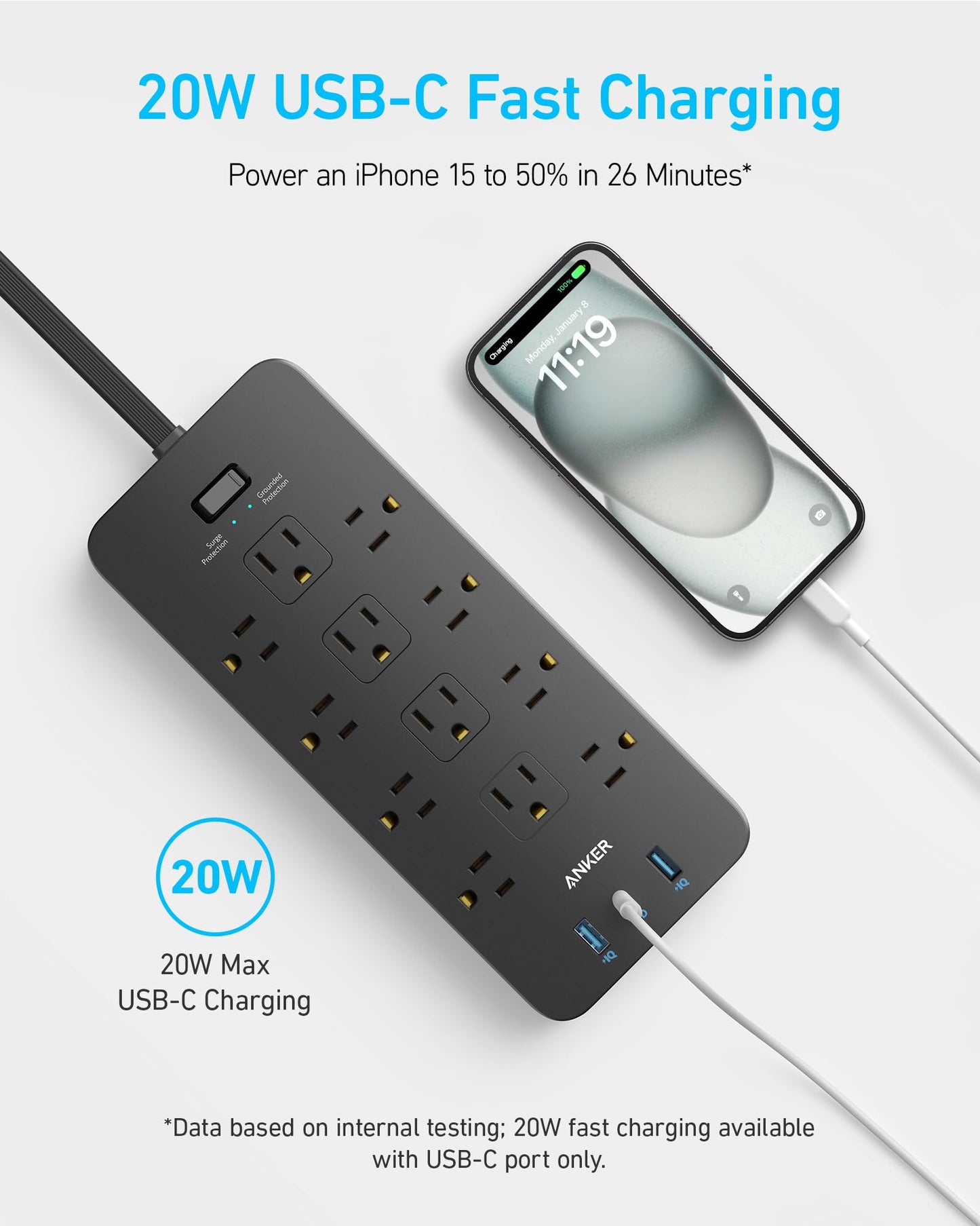 Anker Surge Protector Flat Plug Power Strip(2100J), 12 AC Outlets, 5feet Flat Extension Cord, 1USB C and 2 USB Ports for Multiple Devices, 20W Fast