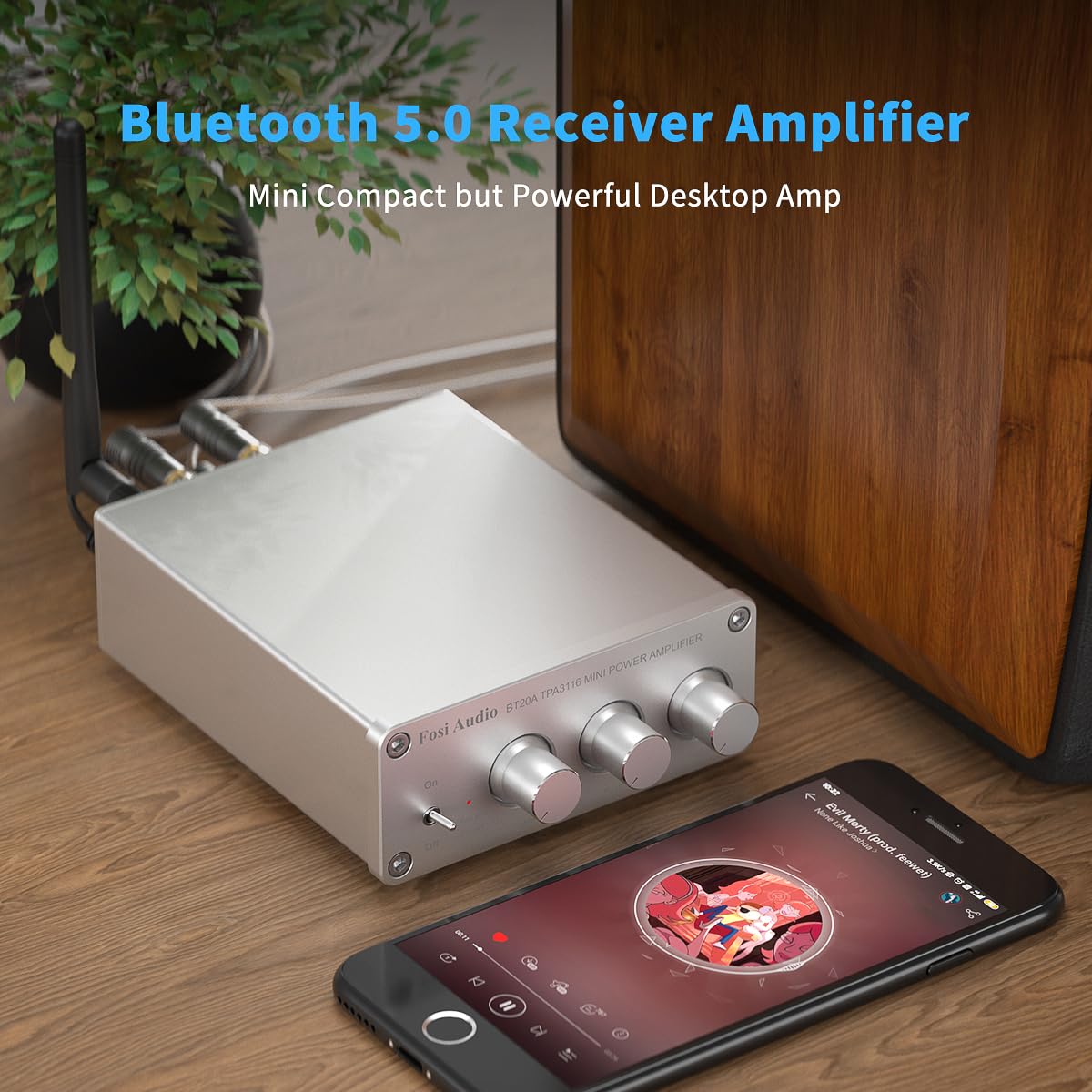 Fosi Audio BT20A-S Bluetooth 5.0 Stereo Audio 2 Channel Amplifier Receiver Mini Hi-Fi Class D Integrated Amp 2.0 CH for Home Speakers 100W x 2