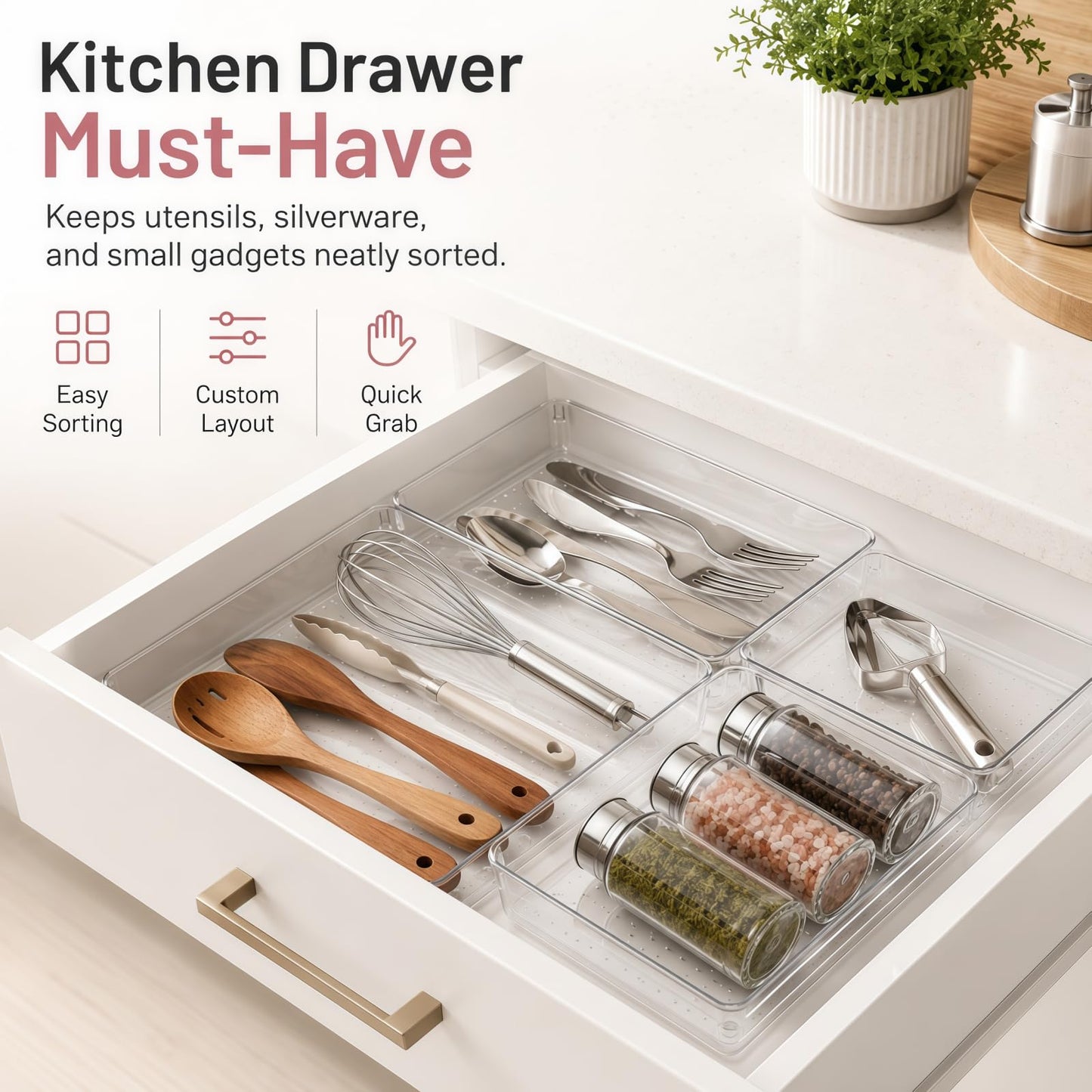 8 Pack Large Clear Plastic Drawer Organizer Bins - Acrylic Bathroom Drawer Organizer Trays - Heavy Duty Kitchen Drawer Dividers for Utensils