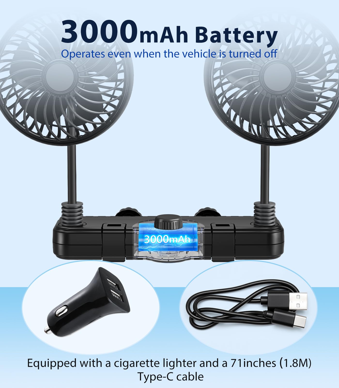 scenein Dual Head Gooseneck Car Cooling Fans for Back Seat for Kids, 3000mAh Battery Powered Rechargeable Usb Car Headrest Fan for Baby Rear Facing