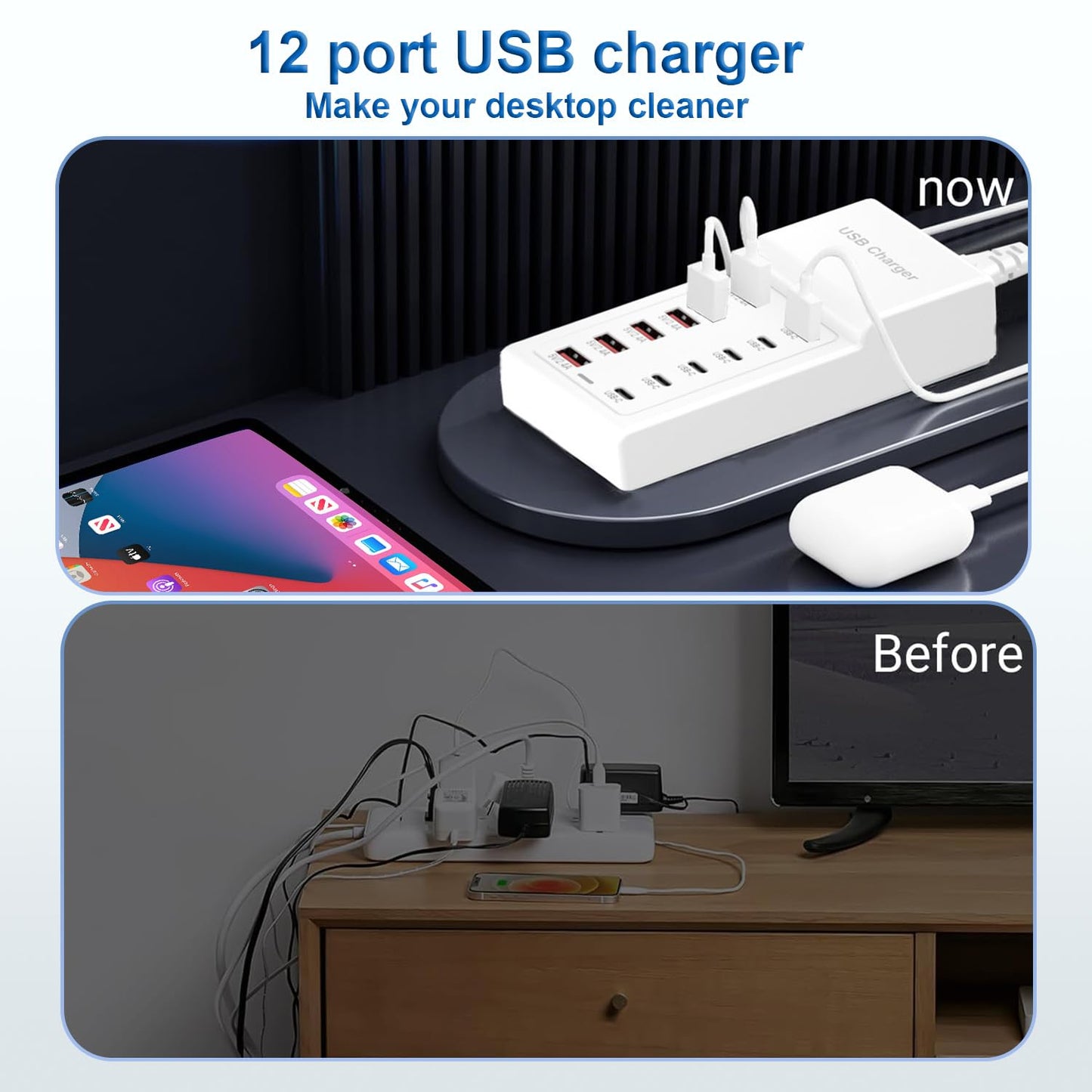 USB Charging Station 50w10A 12 Ports Multiple Charging Block, USB C Strip for iPhone 13/14/15/16/17/Smartphone/Tablet/Watch/Headphones and Multiple