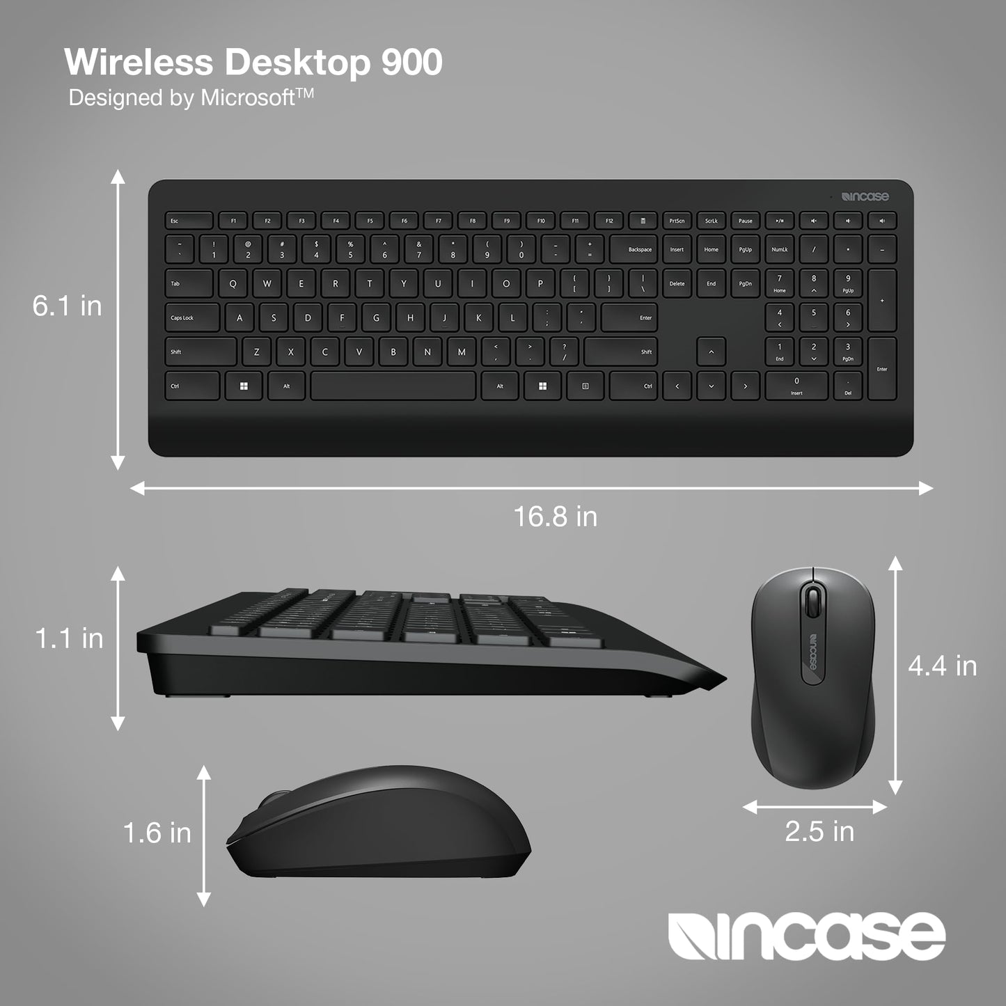 Incase Wireless Desktop 900 Keyboard and Mouse Combo - Designed by Microsoft - Quiet Touch Keys, Ambidextrous Design, Customizable Hotkeys, Two Year