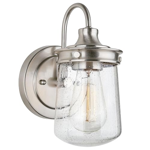 Kira Home Mason 10" Modern Farmhouse Wall Sconce with Seeded Glass Jar Shade, Industrial Silver Gooseneck Wall Light, Brushed Nickel Finish