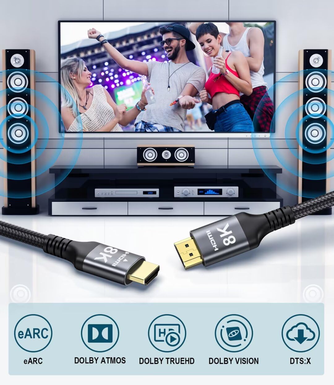 Adauxter 8K HDMI Cable 33 FT, HDMI to HDMI Cord with Ethernet CEC 4K 240Hz 165Hz 144Hz 120Hz 10K 8K 60Hz eARC eARC Netflix HDCP2.3 HDR10+ PC Laptop