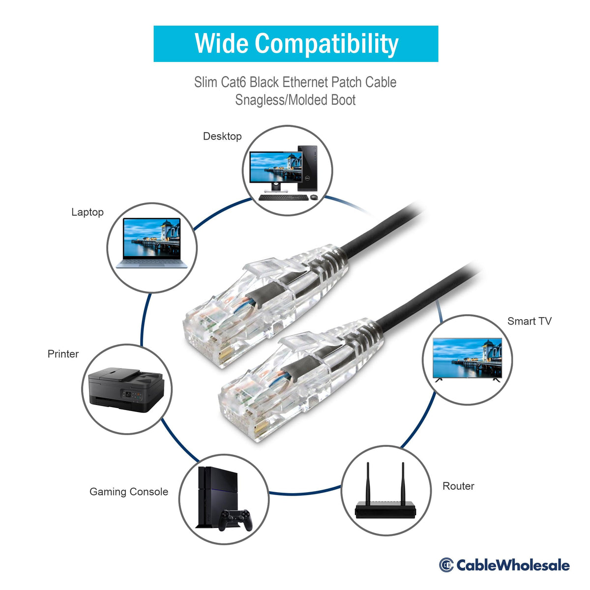 CableWholesale Cat6 Slim UTP Ethernet Cable, 28 AWG, PoE+, 15 ft, Black