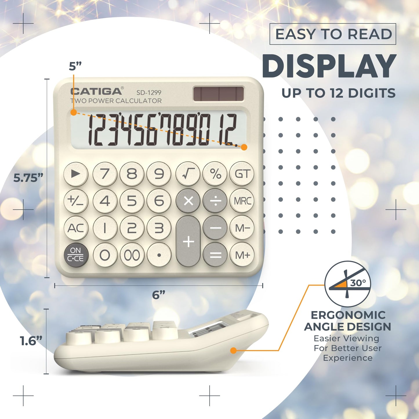 CATIGA Mechanical Switch Calculator with Solar and Battery Dual Power, 12-Digit Large LCD Display, Aesthetic and Cute Desktop Calculator with Big