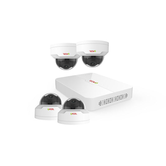 REVO America Ultra 4Ch. 1TB HDD 4K IP NVR Security System - Fixed Lens IP Cameras 4 x 4MP Mini Vadal Dome Cameras - Remote Access via Smart Phone