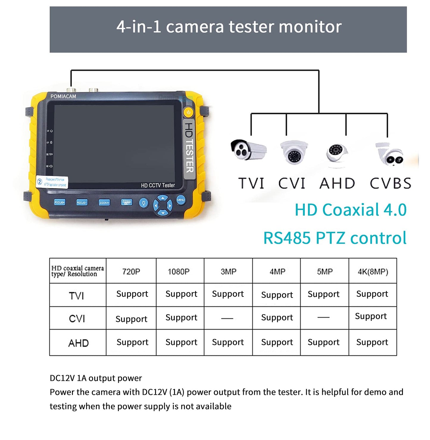 AHD CCTV Monitor Camera Tester IV8W 5 Inch 4-in-1 8MP AHD TVI 8MP CVI CVBS 1080P Coaxial HD Video Testerr Support RS485 PTZ Controller/UTP Cable