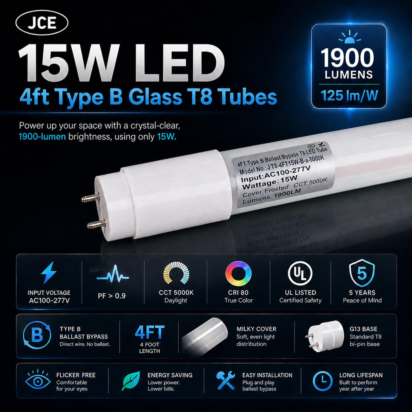 JCE 4FT T8 LED Bulbs,15W (32W Fluorescent Equivalent),5000K Daylight White,1900lm,Ballast Bypass Type B,48 Inch Tube Light,Double/Single-Ended