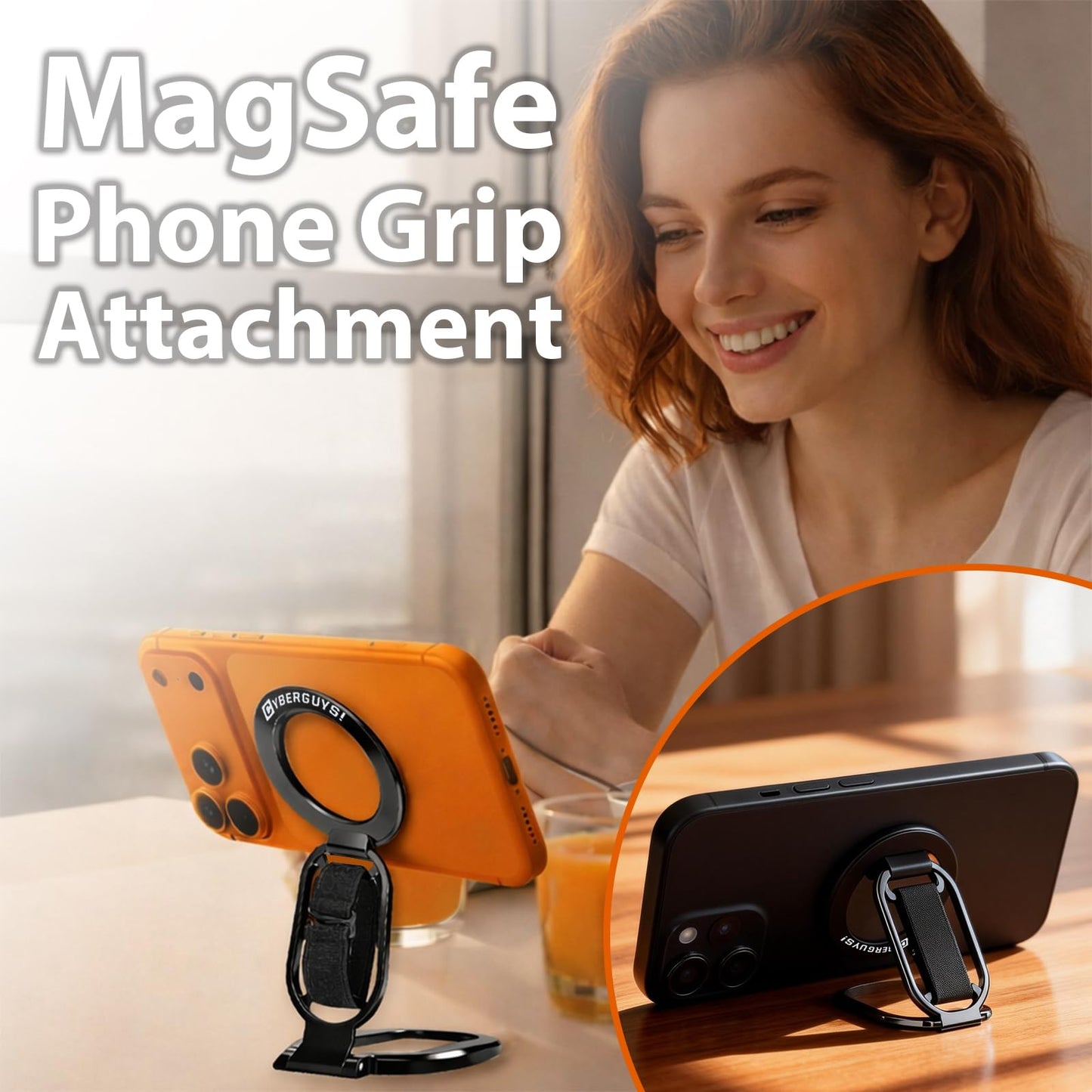 Cyberguys MagSafe Compatible Phone Grip, 360° Rotating Magnetic Phone Ring Holder with Kickstand Finger Strap, Aluminum Alloy Cell Phone Grip Stand