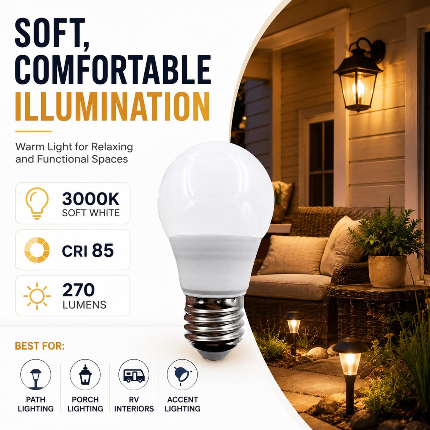 Taysing 12V Light Bulb A15 3W Soft White 3000K E26 Screw Base 12v led Bulb DC 12 Volt 24v 36v 48v Low Voltage Lights for Solar Battery