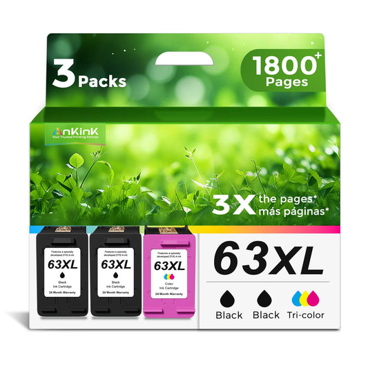 Ankink 63XL Ink Cartridges Replacement for HP 63 XL (2 Black 1 Color Combo 3-Pack) Fit for HP63 3830 4650 4652 4655 5200 5252 5255 5258 4520 4512 1112