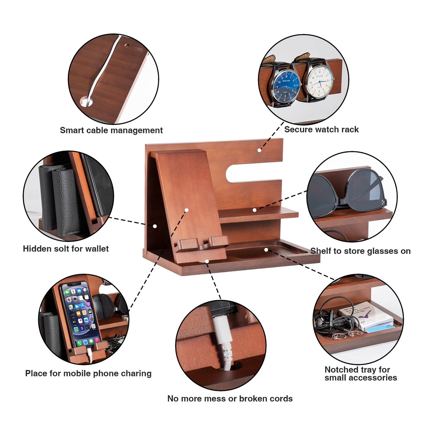 Wood Phone Docking Station - Gifts for Men Desk or Nightstand Organizer - Birthday Gifts for Husband, Fathers Day for Dad - Anniversary Idea from Wife