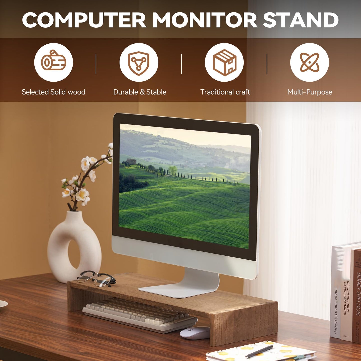 KIRIGEN Monitor Stand Wooden -Desk stand wood for Computer / Laptop/ TV Printer - Monitor Arms & Stands Desk Riser for Office Organizers -Desktop