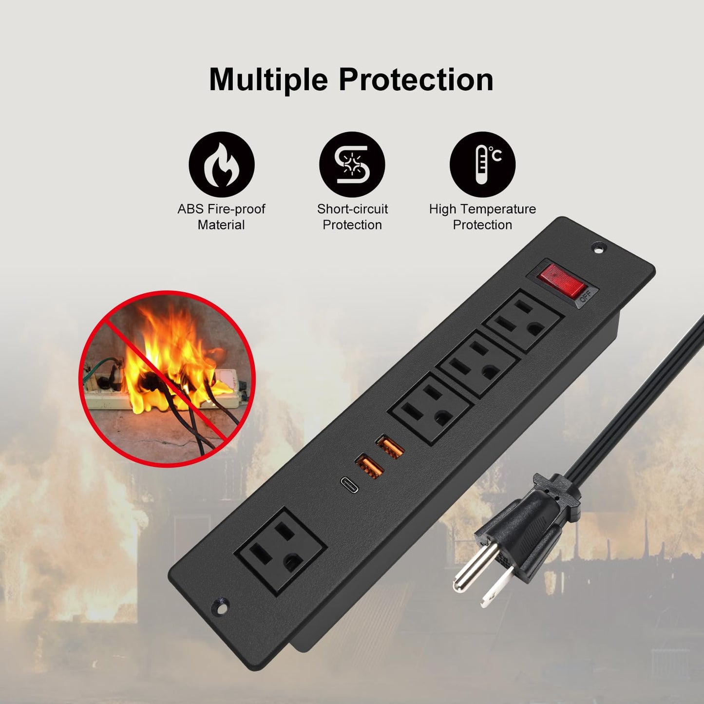 Desktop Recessed Power Strip USB C (Fast Charge 20W),Mounted Desk Plug in Extension Cord 4 Outlets (1 Extra Wide Space) w 3 USB Ports (w Switch)