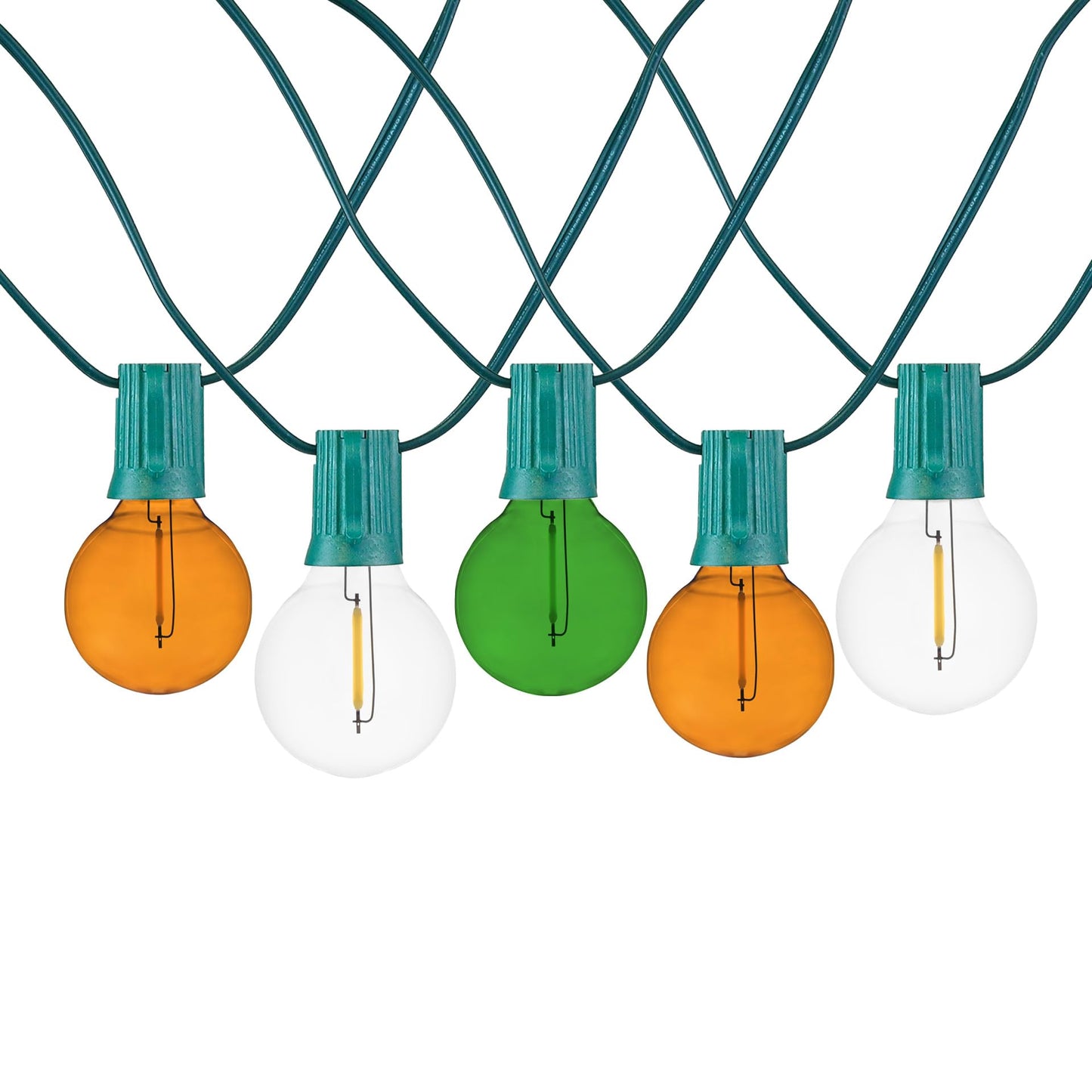 Novelty Lights G40 Filament LED String Light, Translucent Orange/Green/White Bulbs, 25 Globe Lights with 12" Spacing on Green Wire, Indoor/Outdoor