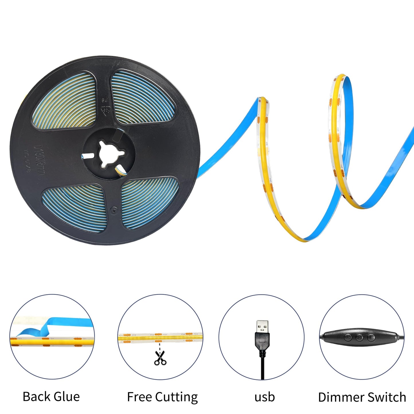Clearhill 5V 8mm Width USB COB LED Strip Lights with Dimmable Switch,Cool White 6500K,320LEDs/M,8W/M,CRI90,6.56FT/2M,Electroplated Double-Sided Panel