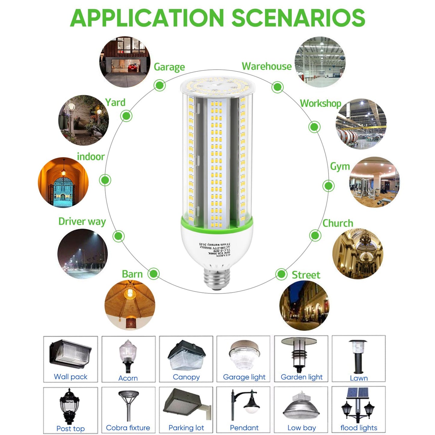 GTAREN 50W LED Corn Cob Light Bulb, 500W Equivalent, 5000K Daylight, E26/E39 Base, 7000 Lumens - Replace 175W MH/CFL, for Garage, Warehouse, Workshop