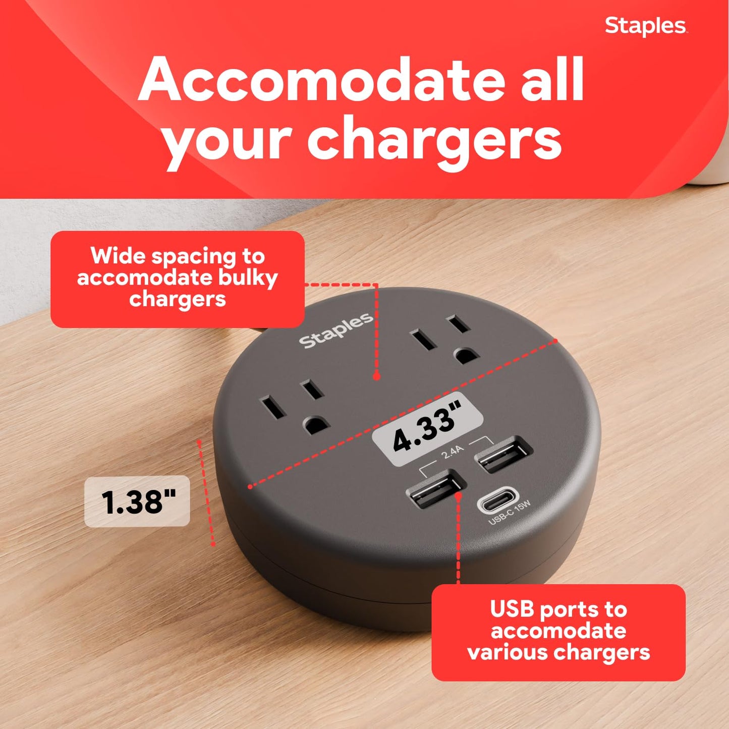 Staples TECH Surge Protector Power Strip, 2 Outlets + 3 USB Ports, 5 ft Cord, 500 Joules, Compact Design, Black