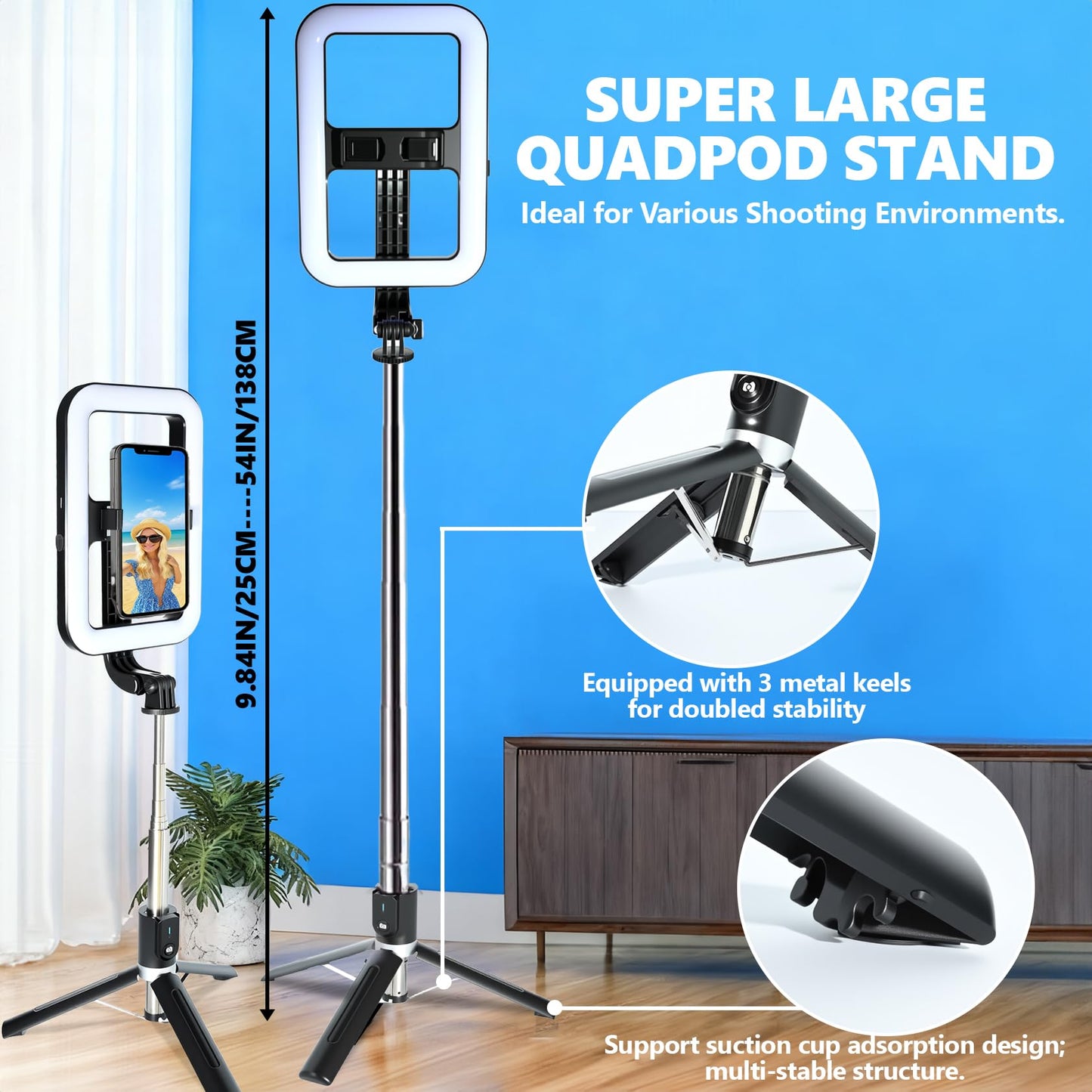 Foldable Selfie Light with Stand,54" Extendable Phone Holder Selfie Stick with Dimmable LED Lights and Remote,Ring Light Tripod for Video